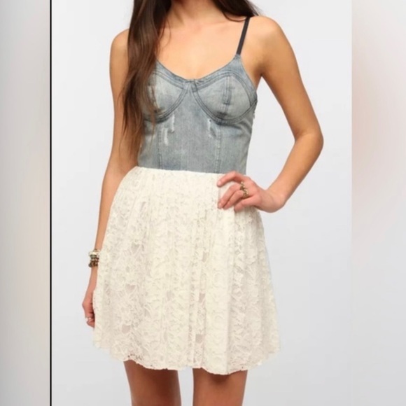 URBAN Outfitters Jean Corset Dress with Lace Skirt Size Medium Motel Rocks - Picture 1 of 14